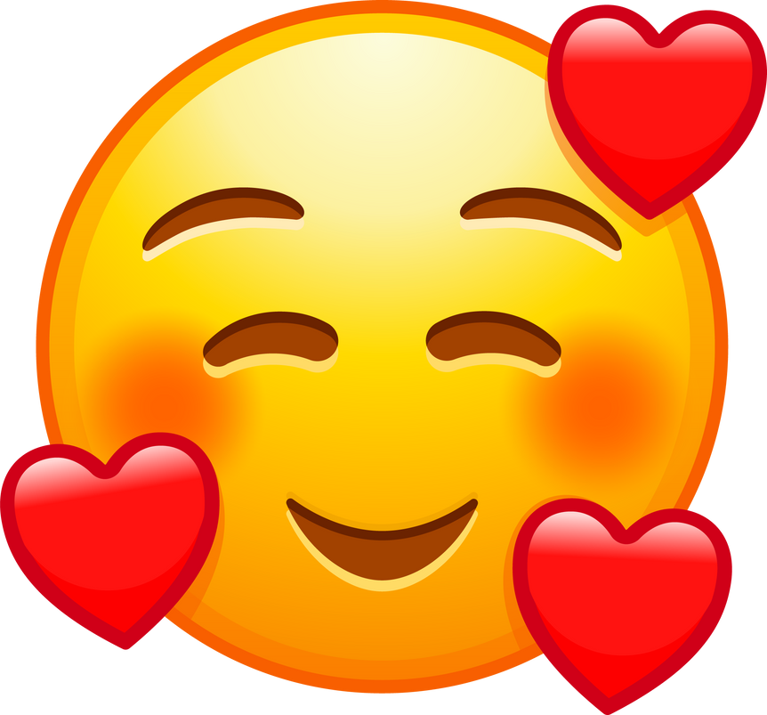 Top quality emoticon. In love emoji. Smiling emoticon with three hearts. Yellow face emoji element.